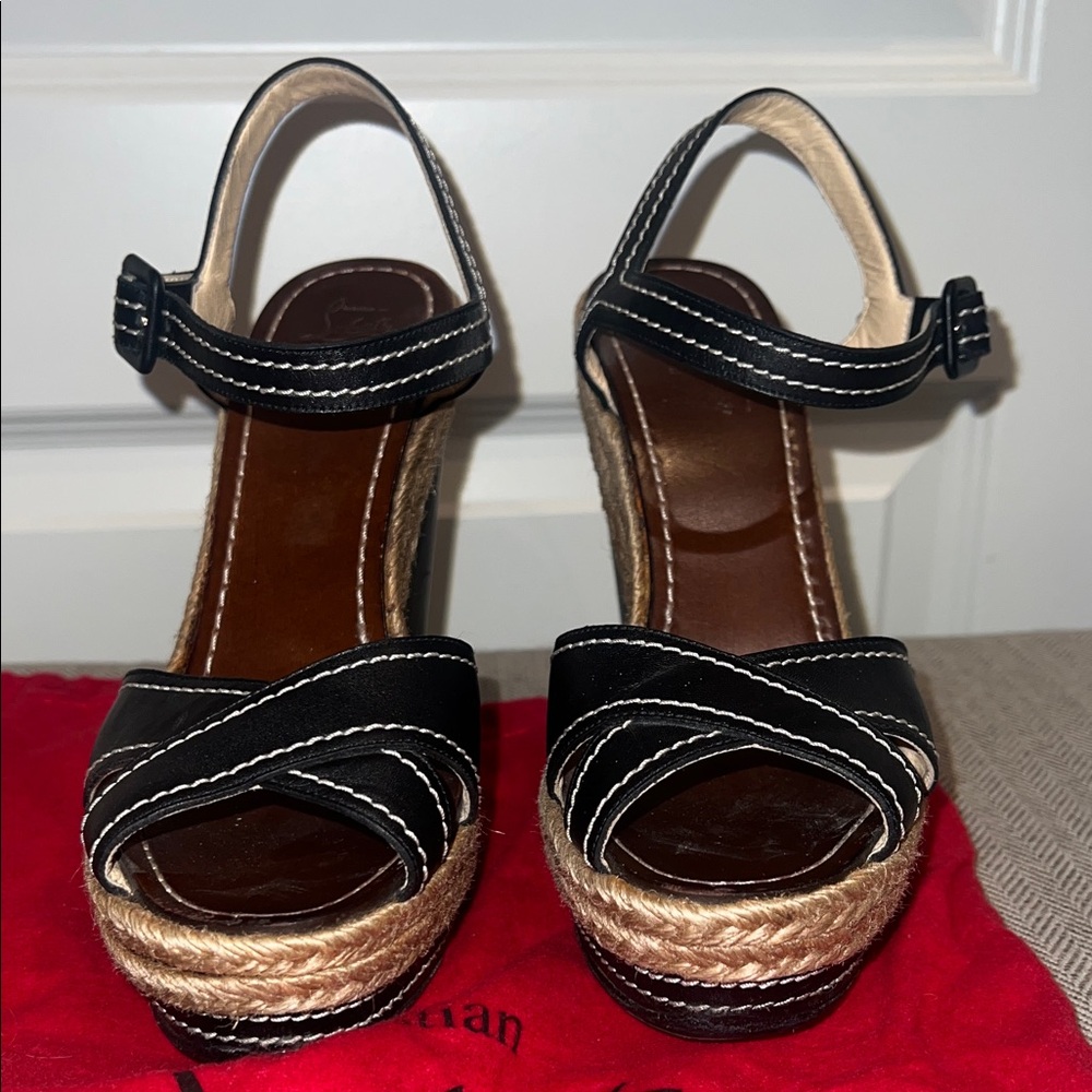 Christian Louboutin Black and Natural Espadrille Wedge Sandals